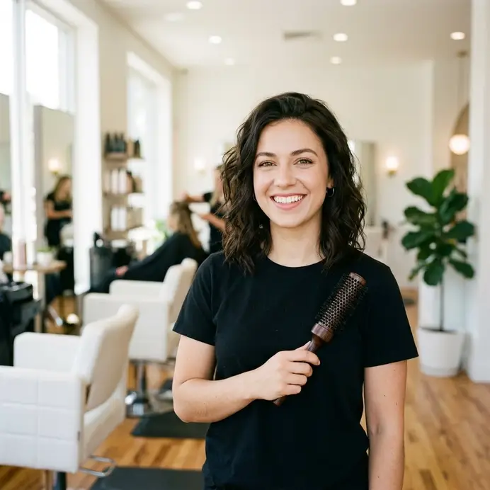 Friseurin mit Rundbürste im Salon