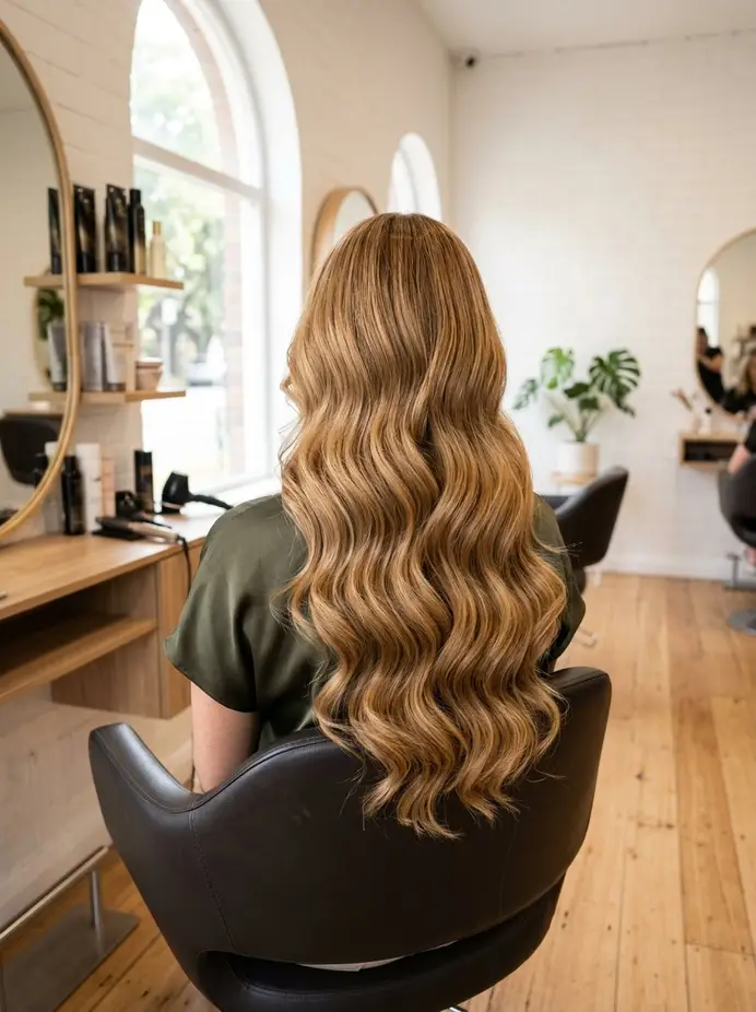 Dieselbe Kundin mit langen, welligen Extensions in warmem Blond – nachher