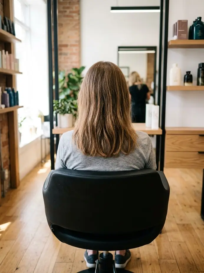 Kundin von hinten mit schulterlangem Haar – vor den Extensions