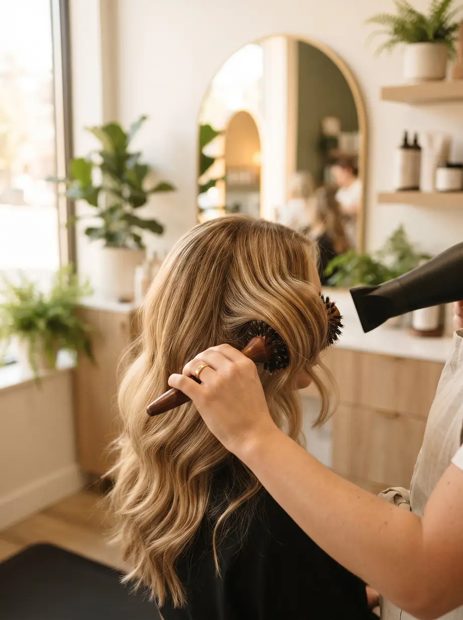 Friseurin stylt langes, welliges Haar mit Rundbürste und Föhn, im Hintergrund ein Bogenspiegel und Pflanzen